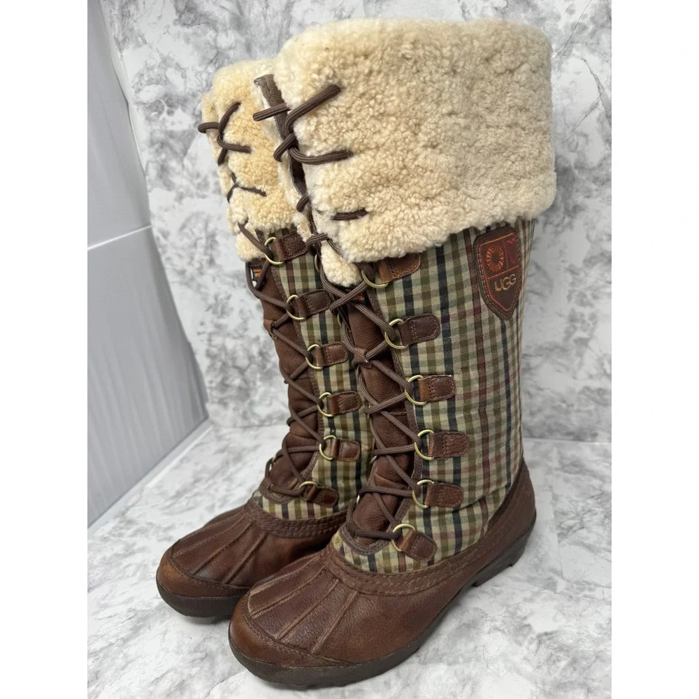 UGG Australia Adirondack Tall Plaid Snow Boots Brown Leather Sheepskin   10